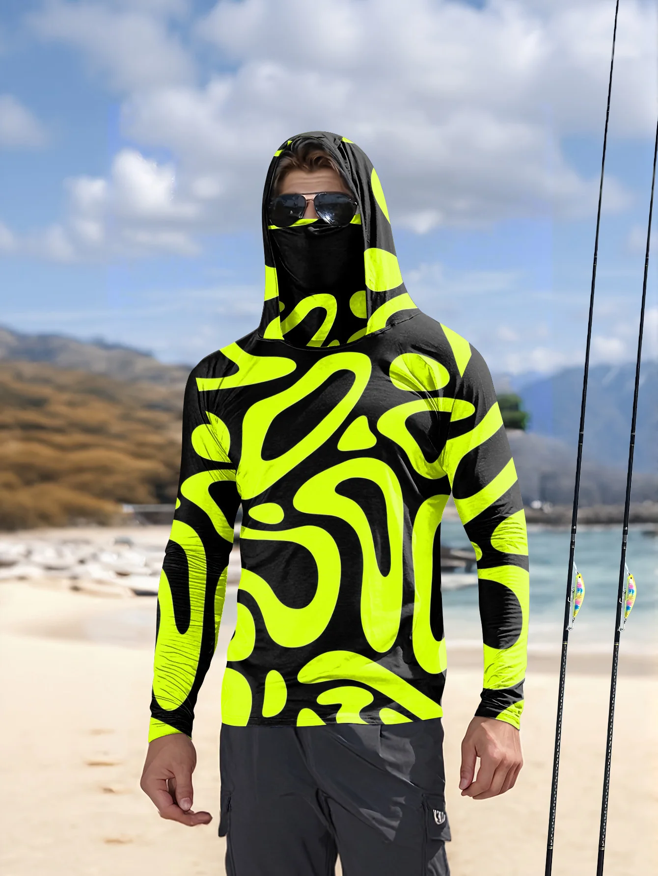 Fishing Mask Sun Protection - Erkekler için Neon Yeşil Renkli, Soyut